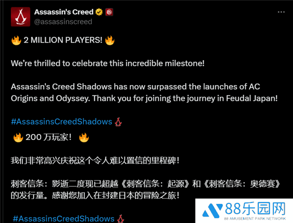 《刺客信条：影》玩家数破200万，新作表现超越前作却未提销量