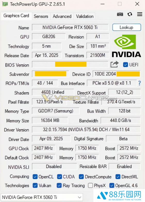 英伟达 RTX 5060 Ti 显卡完整规格曝光：16GB 显存，180W TDP